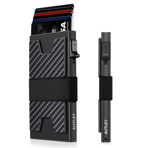 Image of AUTLEY Slim Wallet For Men, Minimalist Mens Wallet, Rfid Blocking Wallet, Pop Up Credit Card Holder with Cash Band (Carbon Fiber+Black)