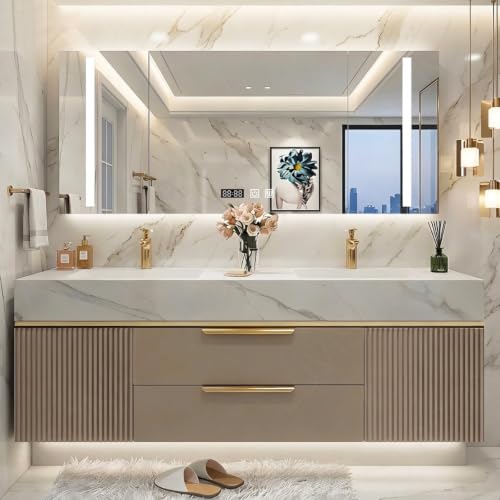 LUVISONA 92 Inch Floating Bathroom Vanity with Double Sink, Khaki