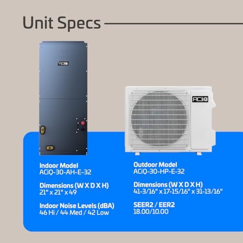 Image of ACiQ Essentials 2.5 Ton 18 SEER2 Central Inverter Heat Pump Split System with 15kW Back-up Heat Kit & Thermostat - R32 | 30000 BTU, High Efficiency, Multi-Positional, AC /Heating