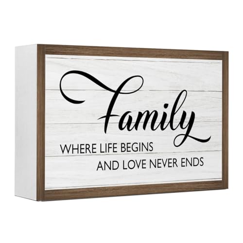 Family Where Life Begins and Love Never Ends Wooden Box Sign Desk Decor,Rustic Family Saying Wooden Block Plaque Sign for Home Farmhouse Living Room Bedroom Shelf Desk Tabletop Wall Decor
