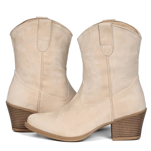 Image of IXU Cowboy Boots for Women Ankle Cowgirl Booties Wide Mid Calf Pointed Toe Western Boots Short Chunky Classic Booties