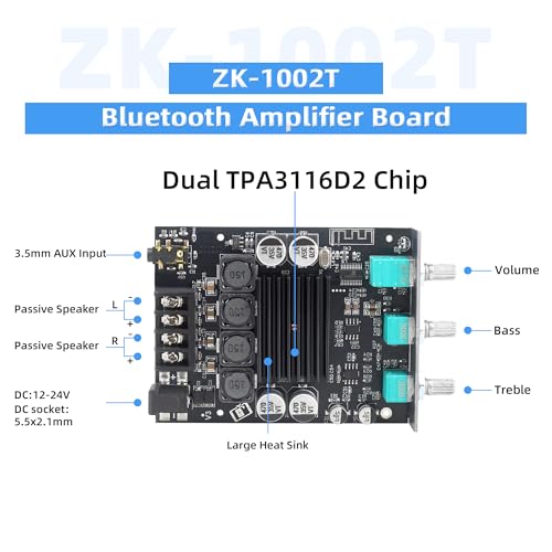 Image of ZK-1002T 200W Bluetooth Amplifier Board, DC 9-24V, BT and AUX Inputs, 2.0 Channel Stereo AMP Board with Treble and Bass Control for DIY Wireless Speakers