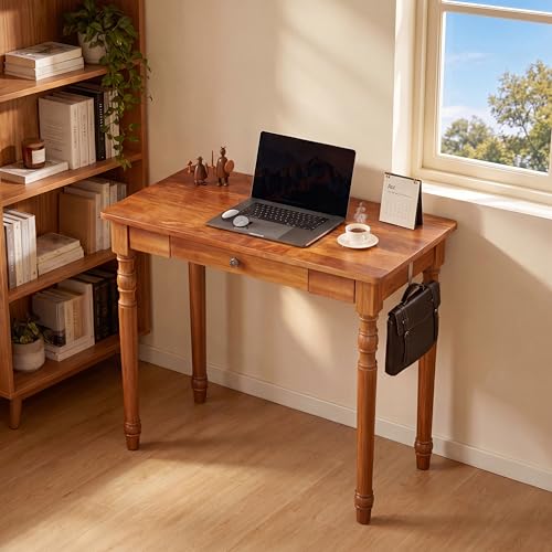 Image of 100% Solid Wooden Desk with Drawers - 31.5 inch Mid Century Modern Desk with 2 Hooks, Vintage Writing Desk with Drawers, Simple Work Study Table for Bedroom & Home Office - Walnut Color