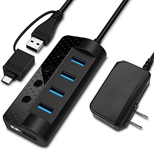 Powered USB Hub 3.0 - Fansteck USB C Hub with 5V/3A Power Adapter - 4 USB Ports and 1 USB Smart Charging Port - Type C for Laptop MacBook Pro - USB Extender with Individual Power Switches