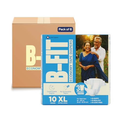 B-FIT Economy Adult Diaper XL Size Tape Style | 60 Count (X-Large) | Waist 35.43 - 65.35 inch | Refastenable Tapes, Cottony Comfort, Gel Core, 8 Hours