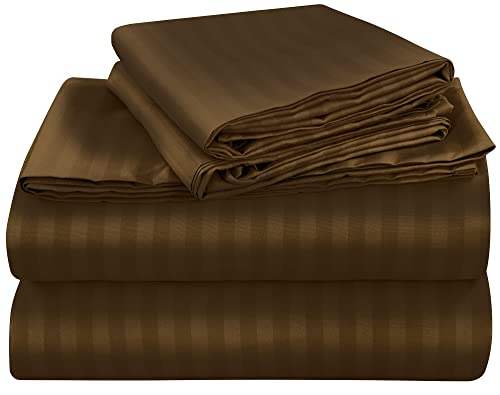 Image of ROYALE LINENS 4 Piece Cal King Sheets Set - Soft Brushed Microfiber - 1 Fitted, 1 Flat Sheet, 2 Pillowcases - Wrinkle Free & Fade Resistant - Hotel Luxury Bed Sheets (Stripe Chocolate, Cal King)