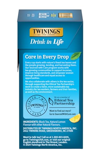 Image of Twinings Lemon Black Iced Tea, 72 Oversized Tea Bags, Makes 18 Pitchers or 144 Servings, Unsweetened, Caffeinated, 72 Count (Pack of 1)