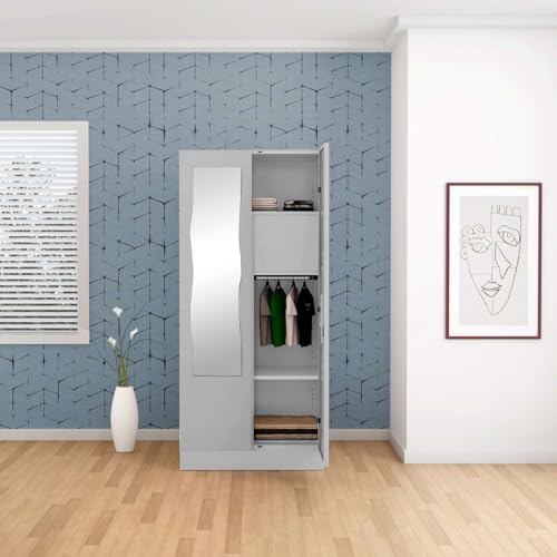 Image of Interio by Godrej Almirah Slimline 2-Door Steel Almirah, Cupboard for Clothes (Royal Ivory), 1-Year Warranty, 1 Locker, 4 Shelves and Curvilinear Mirror
