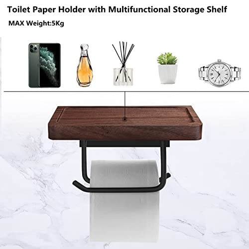 Toilet Paper Holder With Black Walnut Shelf For Bathroom,Wall Mounted Toilet Paper Tissue Holder For Mega Roll (7.87"*4.72"(Double Holder Grooved Board)) #TOP4