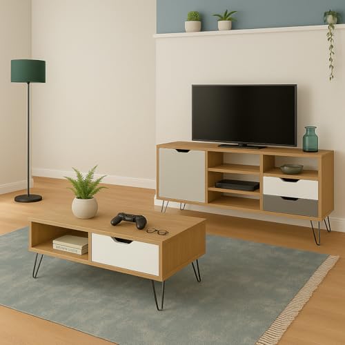 MOMMAHOME® Pack 2 Muebles de Salón: Mueble de TV y Mesa de Centro – Acabado Roble, Blanco y Gris en MDF, Patas de Metal, Conjunto Comedor