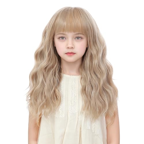 BUPPLER Kids Flax Blonde Wig with Bangs 14 Inch Halloween Cosplay Wigs for Kids Girls Wavy Hair Synthetic Wig with Upgraded Strands,Shoulder Length Wigs for Costume Parties (14 Inch,Flax Blonde)