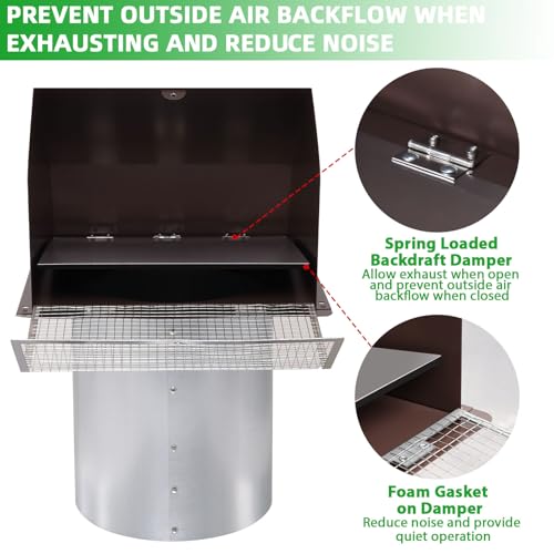 Image of 8 Inch Hooded Wall Vent with Screen and Damper,Outdoor Wall Exhaust Vent Cover Wall Cap for Exterior Kitchen Range Hood Ventilation Dryer HVAC Duct Air Exhaust, Galvanized Steel, Brown