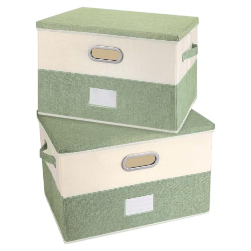 Image of Large Linen Fabric Foldable Storage Bins with Removable Lid and Handles, Washable Storage Box Organizer Containers Baskets Cube with Cover for Bedroom,Office(Green&Cream, Large(2-Pack))