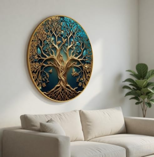Image of SAF Tree of Life Wall Painting with Birds Golden PVC Frame Round Luxury Nature Art Modern Decorative Wall Decor for Living Room Bedroom Office Home Elegant Gift Item (20 x 20 Inch) GRL-363