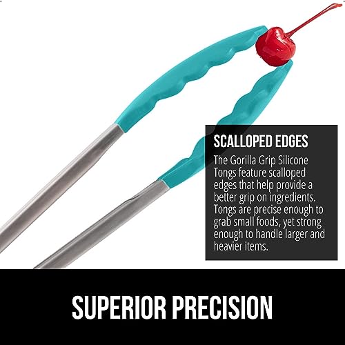 Image of GORILLA GRIP Stainless Steel BPA-Free Kitchen Tongs for Cooking, Heat Resistant BBQ Tong Set of 2, Non Scratch Silicone Tip for Pan, Strong Grip, Grab Food, Toss Salad, Pull Lock, 7+9 Inch, Turquoise