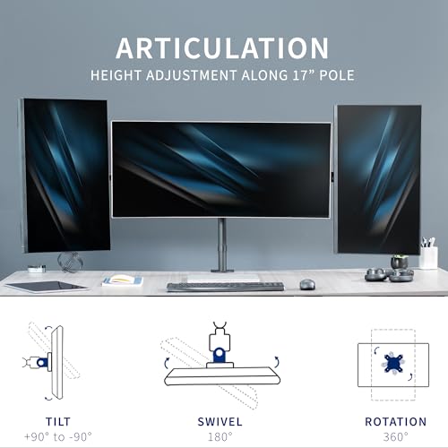 Image of VIVO Premium Triple Monitor Desk Mount for 3 Screens up to 22 lbs, Fits up to 38 inch Ultrawides on Center Bracket, Adjustable Telescoping Arms, Flush Wall Setup, Black, STAND-TS03C