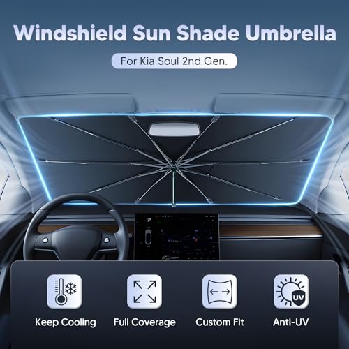 Image of Autorder Umbrella Windshield Sun Shade for 2014-2019 Kia Soul Sunshade Accessories,Upgraded Ice Crystal Material, Windshield Umbrella Front Window Sunshade, Foldable Block UV Rays Keep Car Cool