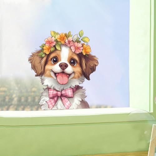 Image of Cute Animal Dog Car Sticker Waterproof PVC Double-Sided Printed Puppy Car Decal Funny Dog Peeking Decal for Car Window Bumper Truck Wall Laptop Car Decor (Flower Dog)