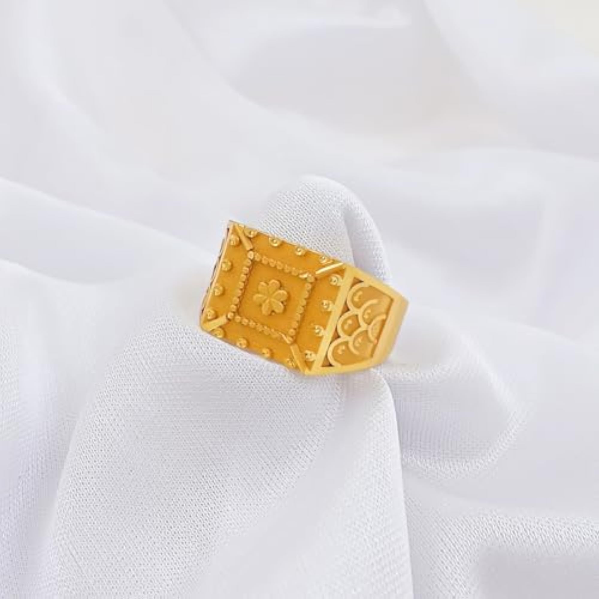 Men's Traditional Gold-Plated Square Ring with Floral Pattern