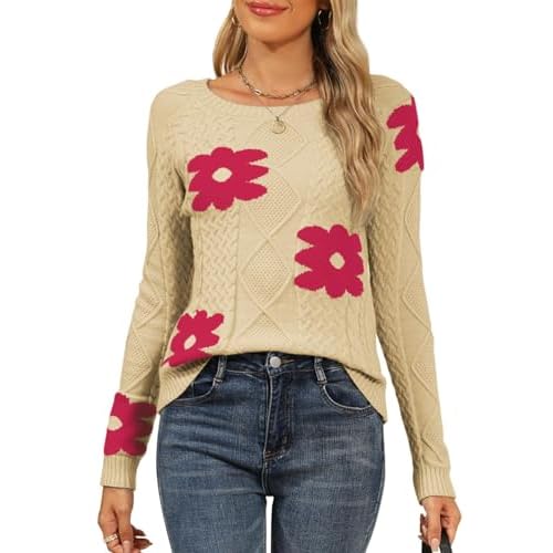 Cakulo Womens Lightweight Fall Pullover Sweaters Cable Knit Crew Neck Sweater Tops 2025 Trendy Outfits X-Large Floral-khaki