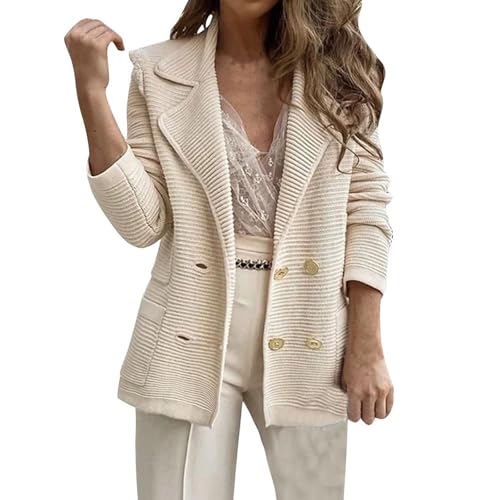Womens Tweed Suit Jacket Textured Double Breasted Casual Blazer Elegant Solid Color Lapel Long Sleeve Office Blazers