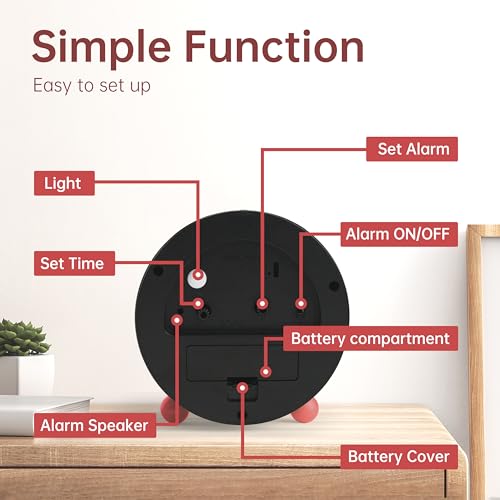 Image of Analog Alarm Clock, 4 inch Super Silent Non Ticking Small Clock with Night Light, Battery Operated, Simple Design, Old Fashioned Style Wine-red Decor, for Bedroom, Bedside, Desk, Adult, Gift, Red