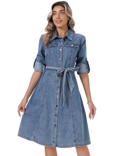 Image of Allegra K Denim Dress for Women's Long Sleeve Button Down A-Line Belted Classic Jean Dresses