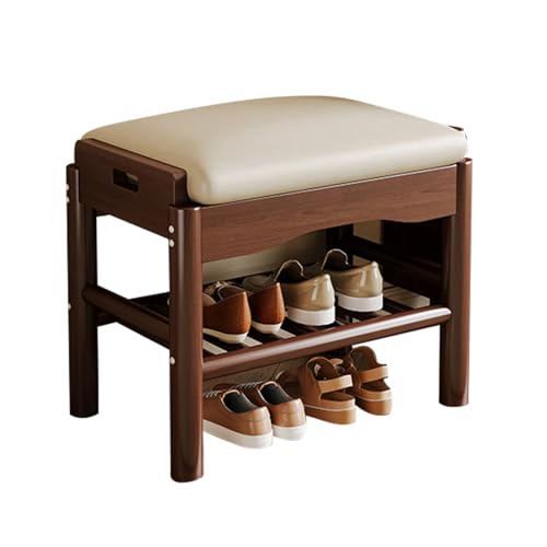 Banc à chaussures ottoman avec assise cuir et rangement double niveau bois