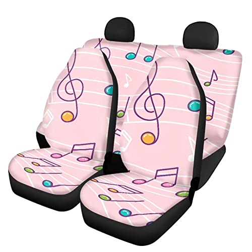Image of Modysero Music Print Pink Car Seat Cover Full Set Soft Durable Elastic All Season Car Seat Protector Cute Automotive Interior Accessories for Women Universal Fit All Cars Truck
