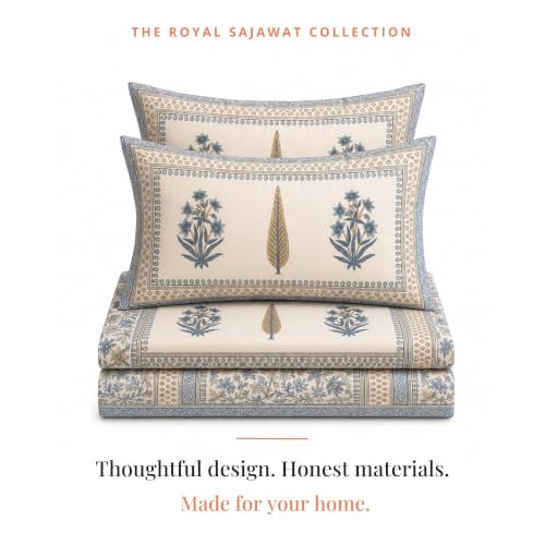 Image of Naksh Bedsheet for Double Bed King Size Blue Floral Block Print 2 Pillow Covers | Block-Print Inspired Design | Ornate Borders Heritage Craft in Bed Sheet Double Bed | Royal Sajawat Collection |