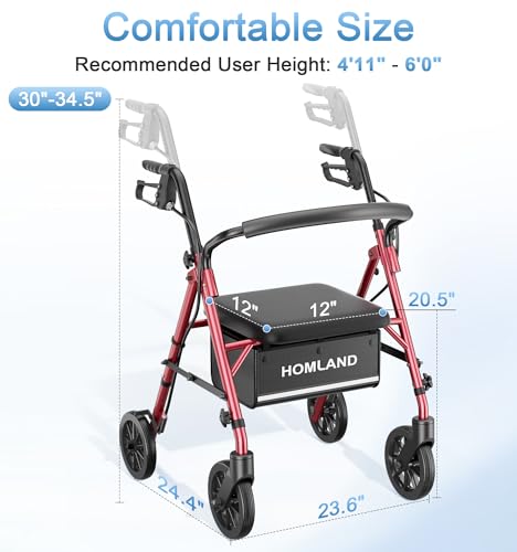 Rollator Walkers for Seniors with Seat, Folding Lightweight Rolling Walker with 12-Inch Wide Seat, Adjustable Handles, Removable Backrest, 300 lbs Capacity