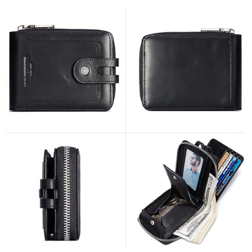 Image of Men's Leather Wallet with RFID Blocking - Bifold Zipper Wallet with Coin Pocket & 14 Card Slots (Black)