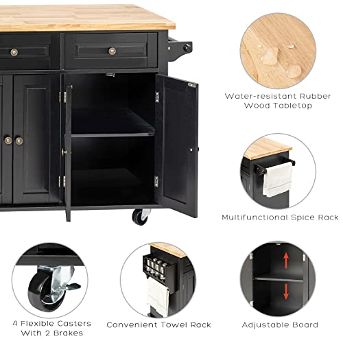 Rolling Kitchen Island On Wheels - With Storage Islands Table For Kitchen Portable Moveable Cart, Rustic Wood Block Islands, Black #TOP3