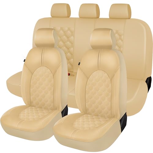 CAROMOP Juego Completo de Fundas de Asiento de Coche de Cuero de Lujo, Protectores de Asiento Impermeables con Fundas de Asiento de Banco Dividido para Autos, Fundas Interiores universales para