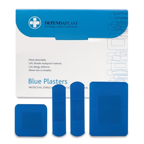 Dependaplast Food Area Blue Plasters With High Visibility And Metal Detection Properties, Easily Detectable, Individually Wrapped - Assorted Box of 100
