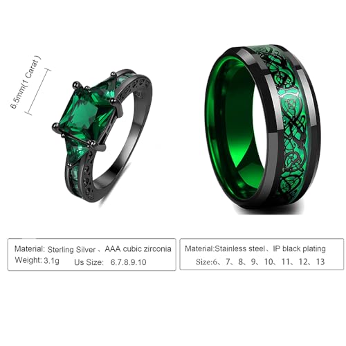 Custom Engraved Couple Rings Promise Rings for Him and Her Set Matching Wedding Rings for Couples Wedding Band Black and Blue CZ Square Engagement Ring for Women,Size 5-132