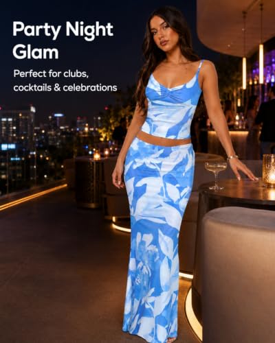 Image of Two Piece Skirt Set Women Maxi Long Skirt and Top Outfit | Soft stretchy 5 pc, slim bodycon, adjustable spaghetti straps, ruched crop tank, elastic waist, going out, beach vacation