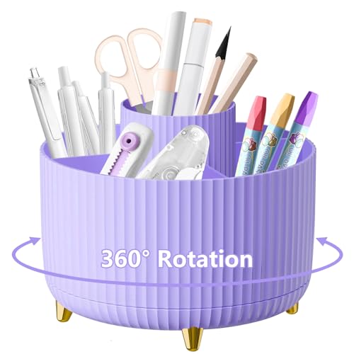 Organiseur de bureau, Pot à stylos rotatif à 360°, Pot à crayons, Porte-brosses à maquillage avec 5 compartiments, Organisateur de rangement de fournitures de bureau, Porte-crayons pour bureau