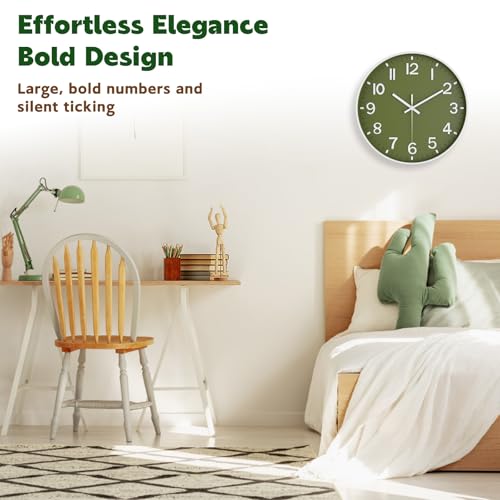 Silent Wall Clock Non-Ticking Battery Operated – Modern Olive Green Analog Wall Clock for Living Room, Kitchen, Office, Bedroom – Stylish Home Wall Decor Clock, 8 Inch - Image 4