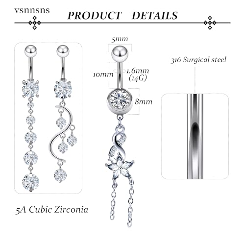 Vsnnsns 14G Dangle Belly Button Ring Piercing Jewelry 316L Stainless Surgical Steel Navel Rings Cubic Zirconia Heart Flower CZ Dangling Belly Button Ring Piercing Jewelry for Women 14 Gauge3