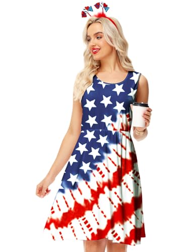 Image of Deerose 4th of July Dress for Women Sleeveless American Flag Patriotic Elastic High Waist Sundress