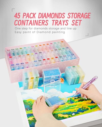 Image of forever young 45PCS Diamond Painting Storage Containers Trays | 2-in-1 design keeps diamond art beads organized. Provides bead storage and line-up, with a box package for a tidy workspace.