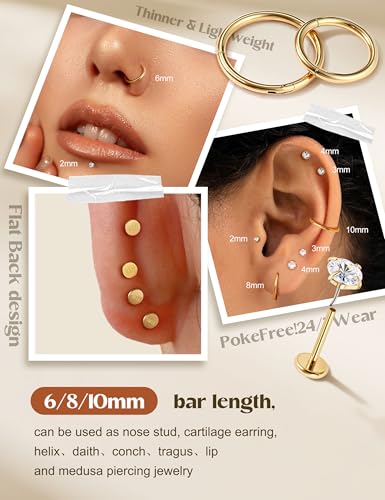 20G/18G Nose Rings Studs for Women Men - 14K Gold Filled Flat Back Nose Studs Nose Ring Hoops Hypoallergenic Surgical Steel Threadless Push in CZ Helix Tragus Conch Nostril Cartilage Piercing Jewelry3