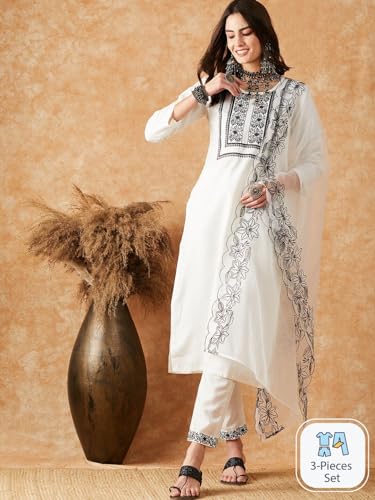 Image of SheWill Women's Floral Yoke Embroidered Thread Work Straight Kurta with Trouser & Dupatta| Kurta Set for Women| Kurta Set for Women with Dupatta| Kurti Set for Women| Kurta Plazo Set with Dupatta