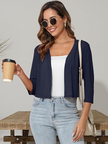 Image of Women's 3 /4 Sleeve Thin Shrugs Lightweight Open Front Cropped Sheer Cardigans for Summer