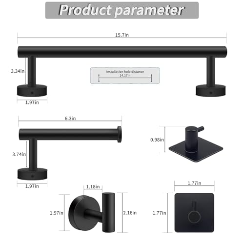 6 Piece Matte Black Bathroom Accessories Set, SUS 304 Stainless Steel Round Towel Ring Wall Mounted Includes 16" Towel Rail, Toilet Paper Holder, 4 Towel Hooks Bathroom Accessories Kit (Black) - Image 3