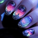 Press On Nails Medium Aurora Mountains, Sea of Clouds Design Oval Shaped False Nails - Artificial Glossy Full Cover Acrylic Coffin Nails - Reusable Glue On DIY Stick On for Women 24Pcs