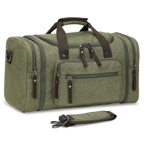 Expandable Canvas Duffel 50cm-58cm, Sturdy Zipper and Reinforced Handles, Lightweight Carry-On Weekender Bag for 3-5 Day Trips, Green