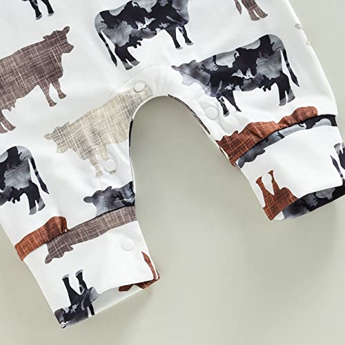 Mainesaka Newborn Baby Boy Girl Western Jumpsuit Sleeveless Crewneck Cow Print One-Piece Romper Summer Onesie Playsuit Outfit (Sleeveless-White, 12-18 Months) #TOP4