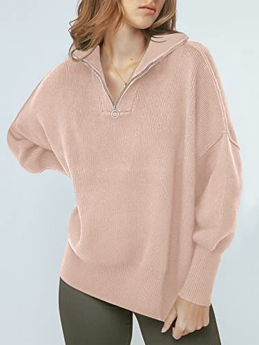 Image of ANRABESS Womens Oversized Quarter Zip Pullover Sweaters | Fall Fashion Outfits, Long Sleeve Slit Side, Baggy Loose Fit, 1 /4 Zip Lapel Collared, Ribbed Knit Soft Warm Winter Clothing